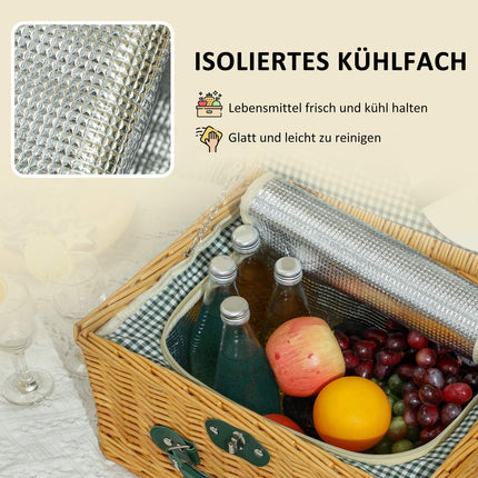 Picknickmand van wilgenhout, picknickkoffer voor 2 personen met geïsoleerd koelvak, bestekset, picknickset, complete set voor kamperen, strand, Kerstmis, lichtbruin