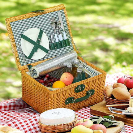 Picknickmand van wilgenhout, picknickkoffer voor 2 personen met geïsoleerd koelvak, bestekset, picknickset, complete set voor kamperen, strand, Kerstmis, lichtbruin