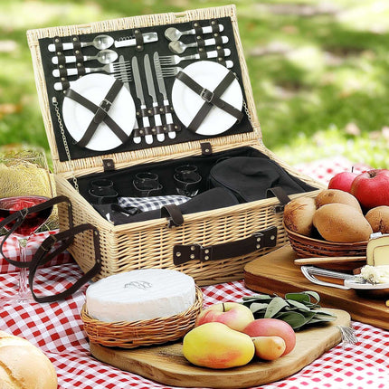 Picknickmand van wilgenhout, picknickkoffer voor 4 personen met geïsoleerd koelvak, picknickdeken, bestekset, picknickset, complete set voor kamperen, strand, Kerstmis, natuurlijk hout