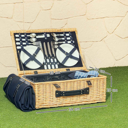 Picknickmand van wilgenhout, picknickkoffer voor 4 personen met geïsoleerd koelvak, picknickdeken, bestekset, picknickset, complete set voor kamperen, strand, Kerstmis, natuurlijk hout