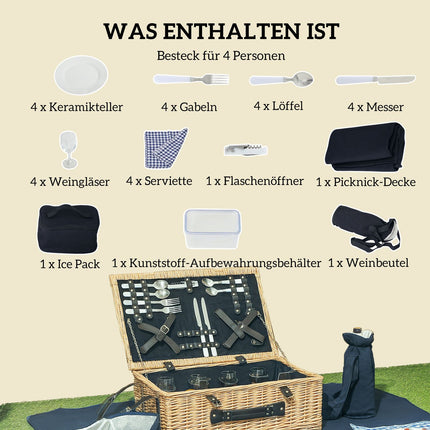 Picknickmand van wilgenhout, picknickkoffer voor 4 personen met geïsoleerd koelvak, picknickdeken, bestekset, picknickset, complete set voor kamperen, strand, Kerstmis, natuurlijk hout