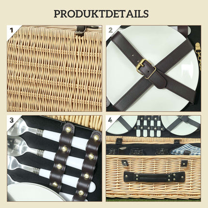 Picknickmand van wilgenhout, picknickkoffer voor 4 personen met geïsoleerd koelvak, picknickdeken, bestekset, picknickset, complete set voor kamperen, strand, Kerstmis, natuurlijk hout