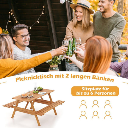 Table de pique-nique pour 6 personnes, table de jardin rectangulaire avec 2 bancs intégrés et trou pour parasol 150 x 139 x 75 cm naturel