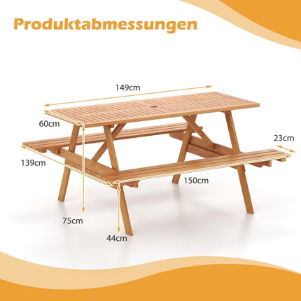 Table de pique-nique pour 6 personnes, table de jardin rectangulaire avec 2 bancs intégrés et trou pour parasol 150 x 139 x 75 cm naturel