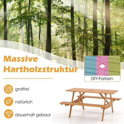 Table de pique-nique pour 6 personnes, table de jardin rectangulaire avec 2 bancs intégrés et trou pour parasol 150 x 139 x 75 cm naturel