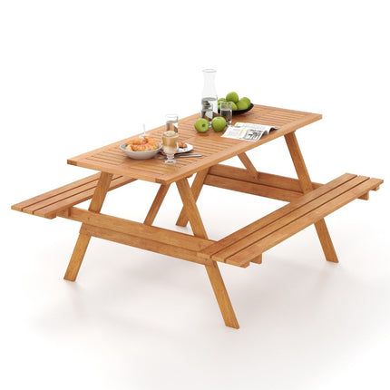 Table de pique-nique pour 6 personnes, table de jardin rectangulaire avec 2 bancs intégrés et trou pour parasol 150 x 139 x 75 cm naturel