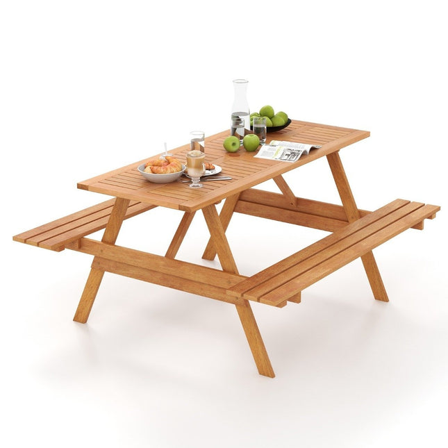 Picknicktisch für 6 Personen, rechteckiger Gartentisch mit 2 integrierten Bänken und Schirmloch 150 x 139 x 75 cm natur