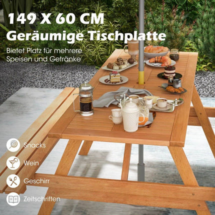 Table de pique-nique pour 6 personnes, table de jardin rectangulaire avec 2 bancs intégrés et trou pour parasol 150 x 139 x 75 cm naturel