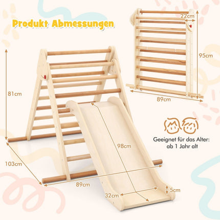 Ensemble de triangles d'escalade pliable Pikler avec toboggan et barres en bois de hêtre massif naturel