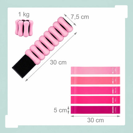 Pilates Set, 13-Piece Kit with Bands and Weights - Pink