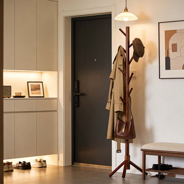 Kiefern-Garderobenständer, 8 Haken, dunkelbraun, höhenverstellbar