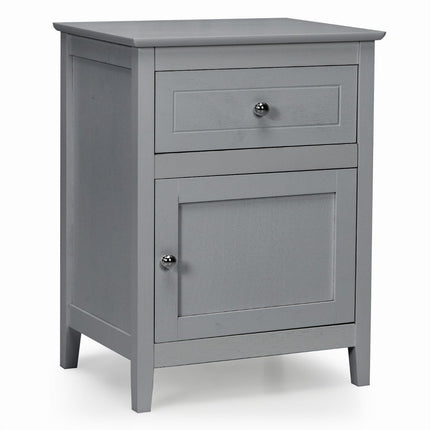 Pine Wood Bedside Table with Drawer and Door 2 Tier Accent Table Side Table Light Gray