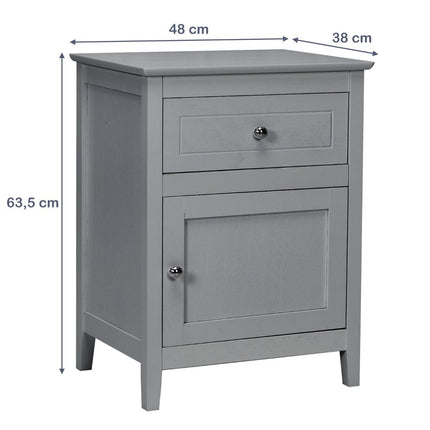 Pine Wood Bedside Table with Drawer and Door 2 Tier Accent Table Side Table Light Gray