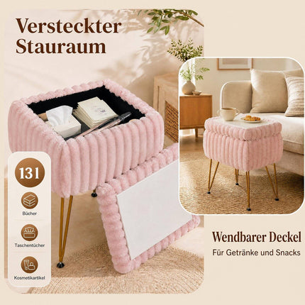 Pink Faux Fur Vanity Stool with Storage and Reversible Lid