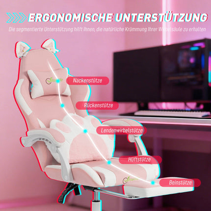 Pinker Gaming-Stuhl mit Katzenohren und Lendenwirbelstütze