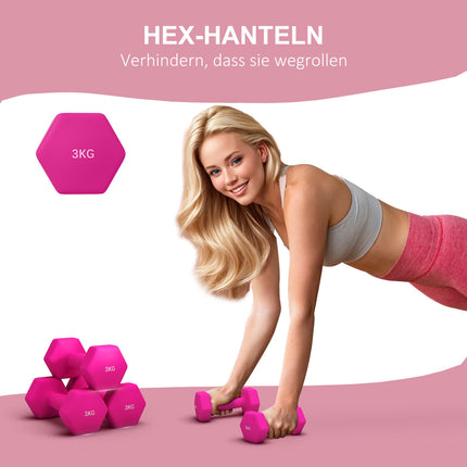 Pink Hex Kurzhantel-Set, 2 x 3 kg, rutschfest, bodenschonend