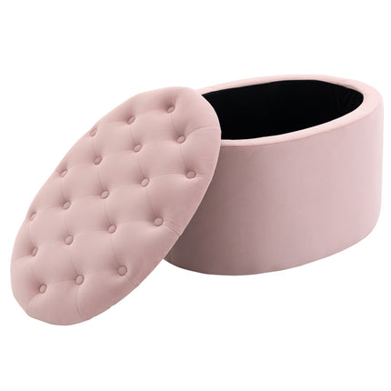 Roze Gestoffeerde Bank Met Opbergruimte, Fluweelachtig Polyester, Rubberhout, Ovale Vorm, Voor Woonkamer, 71X52X42Cm