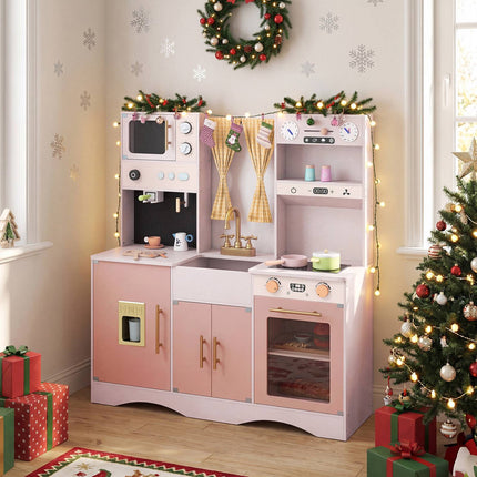 Pink Wooden Play Kitchen Set with Microwave & Coffee Maker