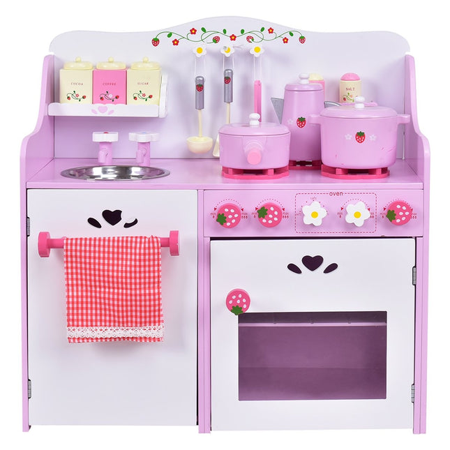 Rosa-weiße Kinderspielküche aus Holz Spielzeugküche