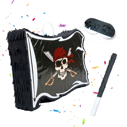 Piratenflaggen-Pinata-Set – Schlagstock und Augenbinde