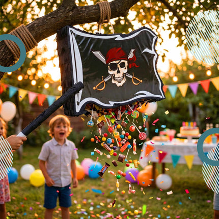 Piratenflaggen-Pinata-Set – Schlagstock und Augenbinde