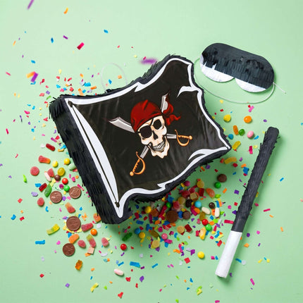 Piratenflaggen-Pinata-Set – Schlagstock und Augenbinde