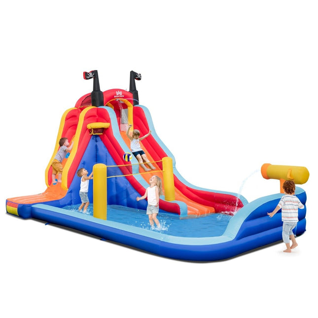 Aufblasbarer 5-in-1-Wasserpark mit Piratenthema, Rutsche, Planschbecken, Basketballkorb und Kletterwand ohne Gebläse