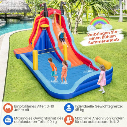 Aufblasbarer 5-in-1-Wasserpark mit Piratenthema, Rutsche, Planschbecken, Basketballkorb und Kletterwand ohne Gebläse