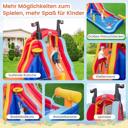 Aufblasbarer 5-in-1-Wasserpark mit Piratenthema, Rutsche, Planschbecken, Basketballkorb und Kletterwand ohne Gebläse