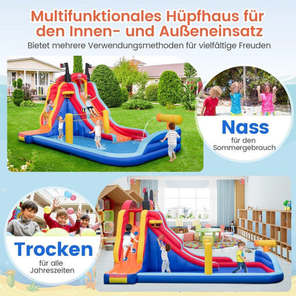 Aufblasbarer 5-in-1-Wasserpark mit Piratenthema, Rutsche, Planschbecken, Basketballkorb und Kletterwand ohne Gebläse