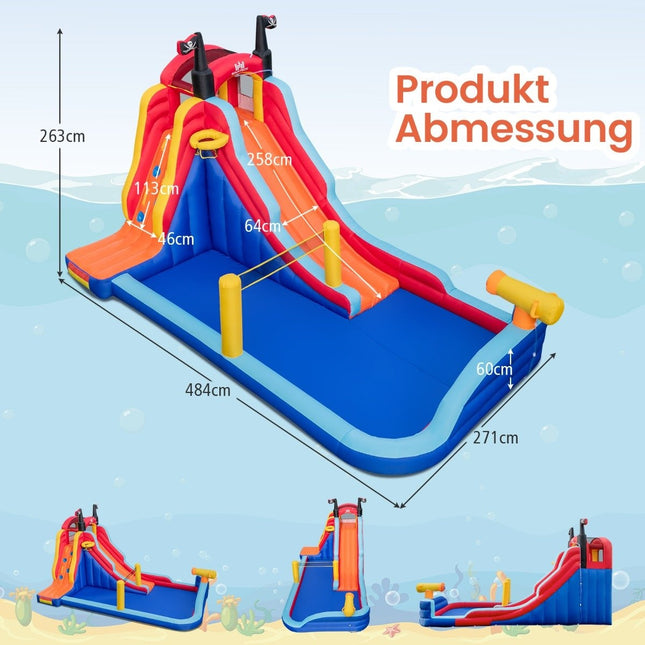 Aufblasbarer 5-in-1-Wasserpark mit Piratenthema, Rutsche, Planschbecken, Basketballkorb und Kletterwand ohne Gebläse
