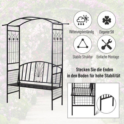 Rankbogen aus schwarzem Metall mit Bank - 154 x 60 x 205 cm