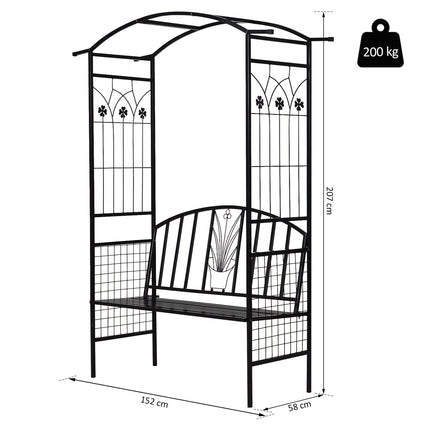 Rankbogen aus schwarzem Metall mit Bank - 154 x 60 x 205 cm