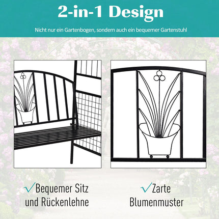 Rankbogen aus schwarzem Metall mit Bank - 154 x 60 x 205 cm