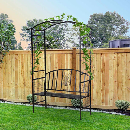 Rankbogen aus schwarzem Metall mit Bank - 154 x 60 x 205 cm