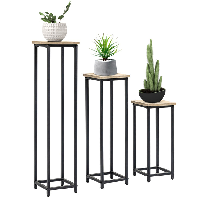 Pflanzenständer-Set aus Stahl – 3-teiliger Blumentopfhalter, schwarz & natur