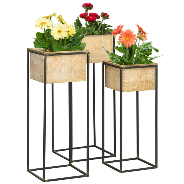 Quadratisches Pflanzenhocker-Set aus Fichtenholz – Metallbeine, Naturfinish