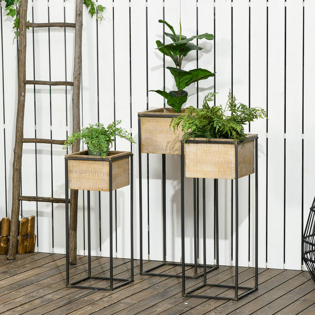 Quadratisches Pflanzenhocker-Set aus Fichtenholz – Metallbeine, Naturfinish