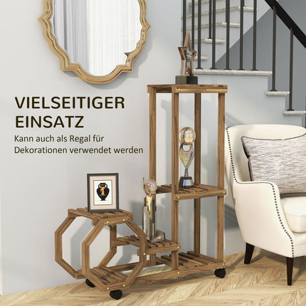 Étagère à fleurs en bois avec roulettes, 5 niveaux, pour jardin et balcon, carbonisée