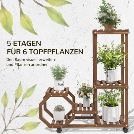 Étagère à fleurs en bois avec roulettes, 5 niveaux, pour jardin et balcon, carbonisée