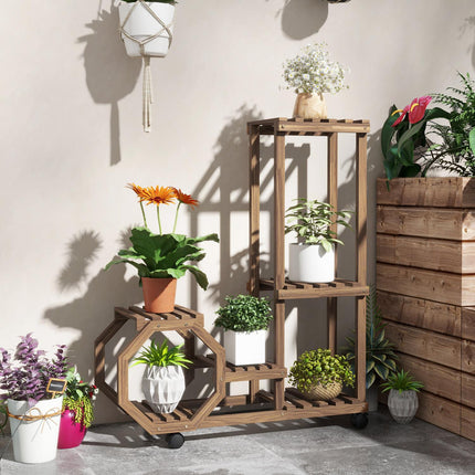 Étagère à fleurs en bois avec roulettes, 5 niveaux, pour jardin et balcon, carbonisée