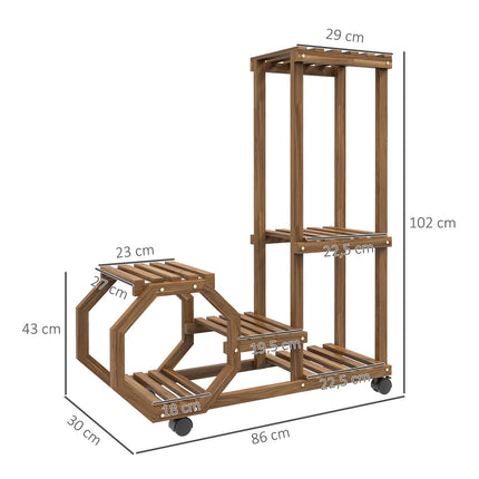Étagère à fleurs en bois avec roulettes, 5 niveaux, pour jardin et balcon, carbonisée