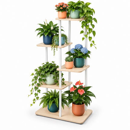 Plant Stand with 5 Square Shelves, Iron and MDF – White, 107 cm High