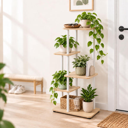 Plant Stand with 5 Square Shelves, Iron and MDF – White, 107 cm High