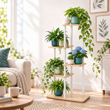 Plant Stand with 5 Square Shelves, Iron and MDF – White, 107 cm High