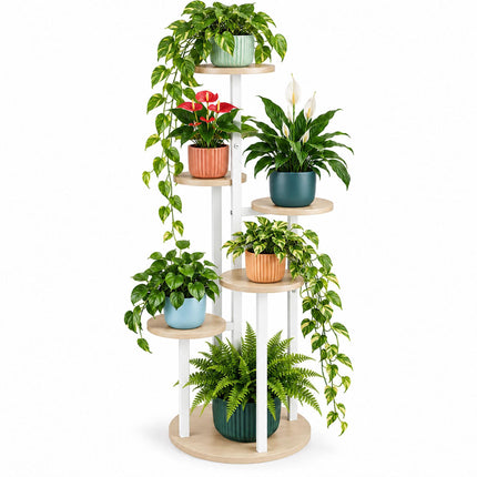 Plant Stand with 5 Tiers, Round Shelves, Iron and MDF – White, 118.5 cm High