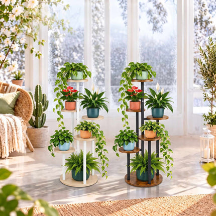 Plant Stand with 5 Tiers, Round Shelves, Iron and MDF – White, 118.5 cm High