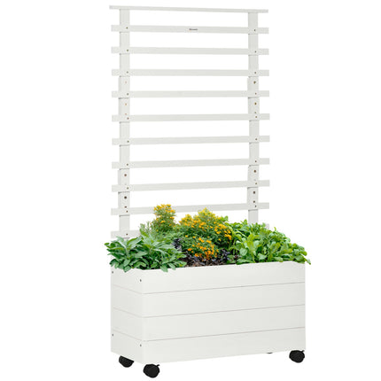Garden planter box with trellis, wheels, natural wood