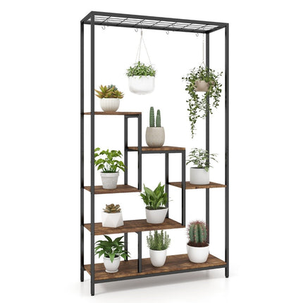 Pflanzenständer 6 Etagen 180 cm Pflanzenregal Metall mit 10 S-Haken Schwarz + Rustikal Braun
