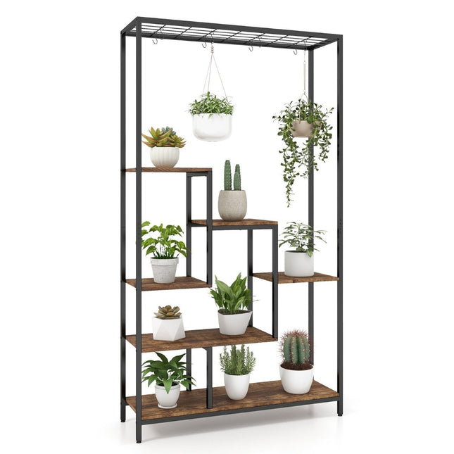 Pflanzenständer 6 Etagen 180 cm Pflanzenregal Metall mit 10 S-Haken Schwarz + Rustikal Braun